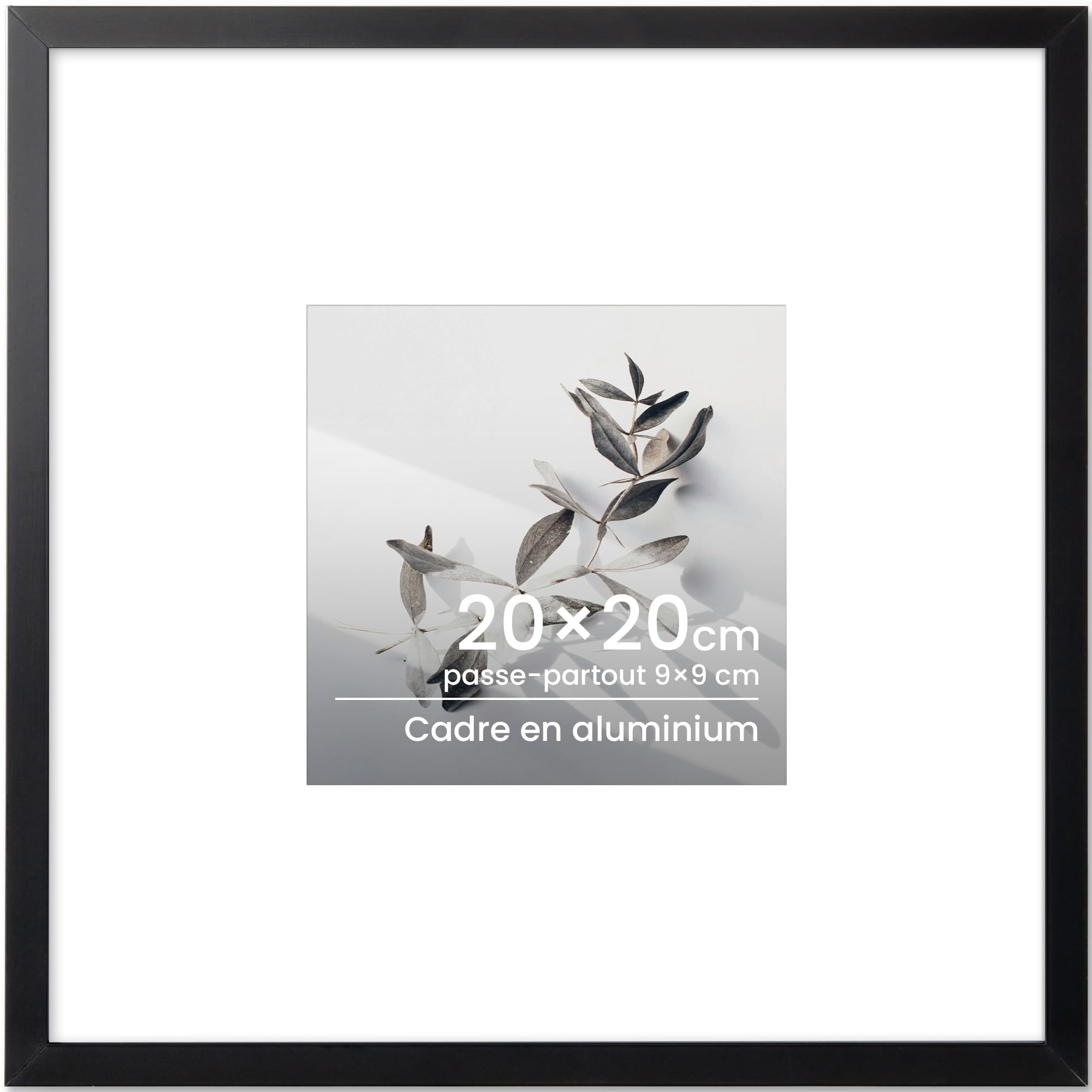 Cadre photo 20x20 Noir en aluminium avec verre trempé amovible