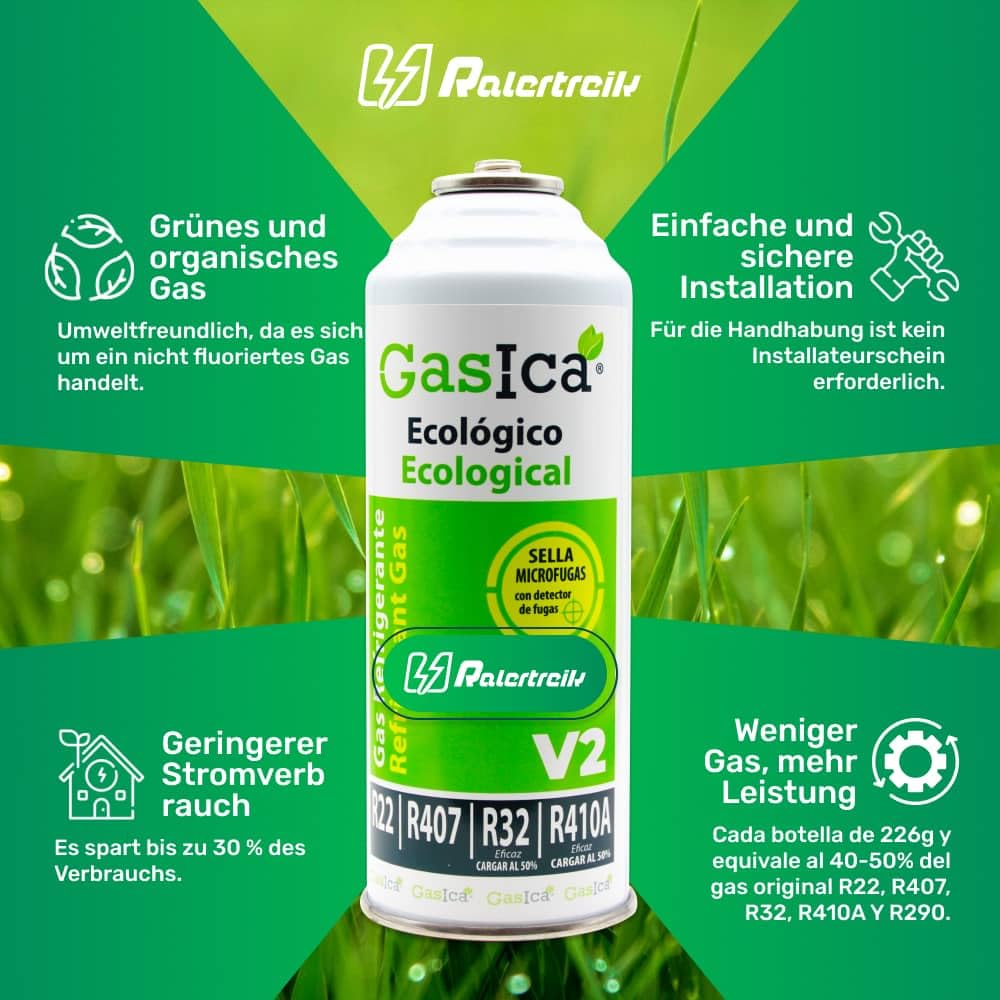 Kältemittelgaspaket Gasica V2 Ersatz für R22, R407, R32, R410A (2 FLASCHEN + MANOMETER + ADAPTER)