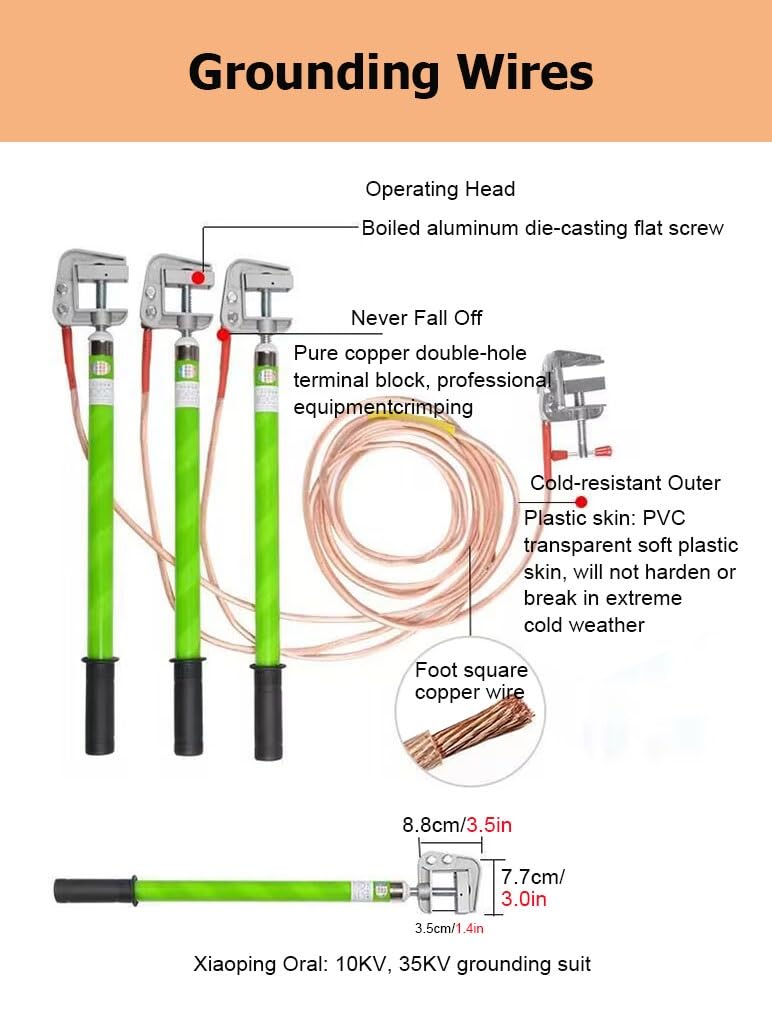 Genérico Cable de Puesta a Tierra de Alta tensión de 10 kV con 3 Varillas/Postes de Puesta a Tierra, Cable de Cobre Blando Transparente de 25 mm² para Salas de distribución eléctrica (Verde, 1,0