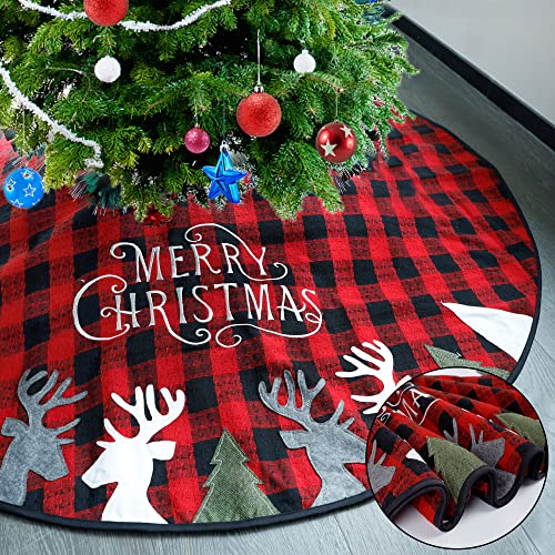 Winemana 48 Inch Christmas Tree Skirt, Double Layers Red Black Buffalo Plaid Mat With Reindeer, Merry Christmas Ornaments For Home Holiday Party Decorations (48 Inch Red) #TOP3