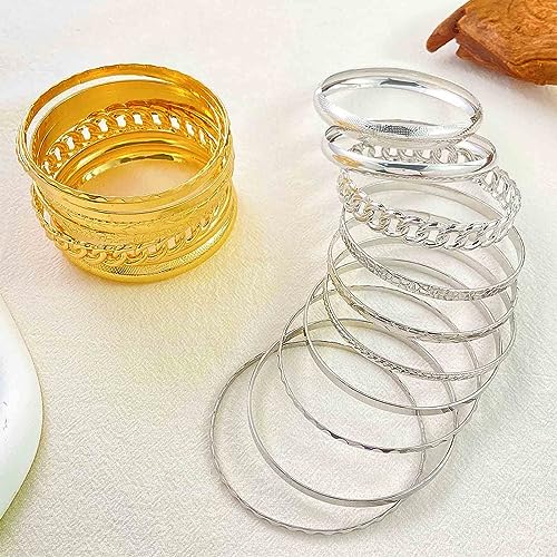 Andelaisi Punk Bangle Bracelet Gold Indian Bangle Bracelets Set Gothic Multi Stackable Wide Banglet Vintage Indian Bollywood Chunky Wide Bangle Bracelets Glossy Textured Bracelets(10PCS)(Gold)4