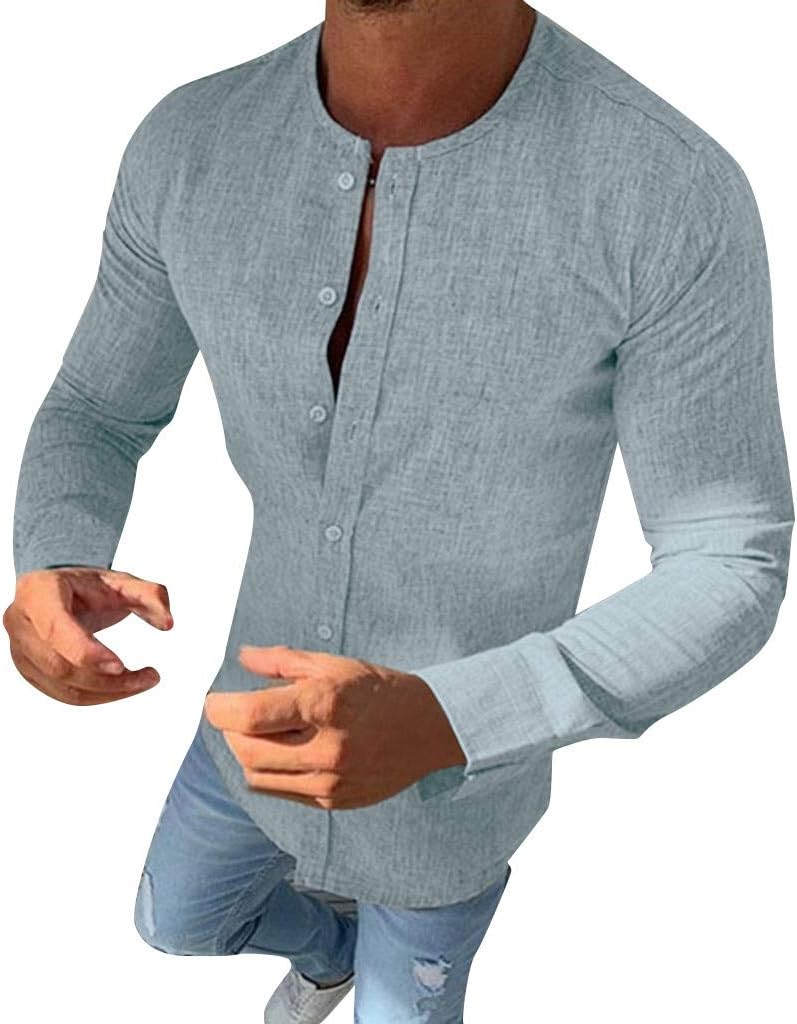 iYmitz Men's Shirts Long Sleeve Autumn Solid Color Fashion Round Neck Solid Color Leisure Shirt Slim Casual Fit Tops Retro T Shirts Blouse Henley Shirt Grandad Collar Leisure Shirts M-3XL