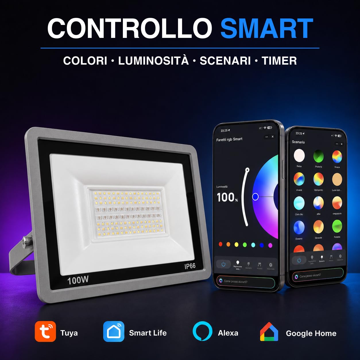 Faro led RGB 100 W Smart Wifi compatibile con Alexa e Google 10.000LM ideale per giardini, feste, Natale e Halloween