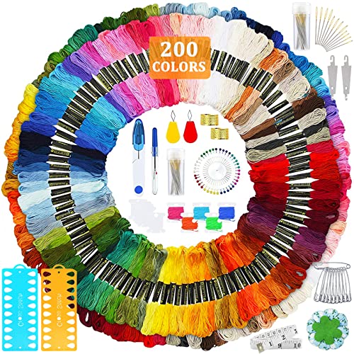 IGUGI Fils à Broderie Kit,200 Couleurs Fil à broder+Outils Total 284 Pièces,pour Broderie Point de Croix Tricotage Bracelets Brésiliens Fil a Coudre des...