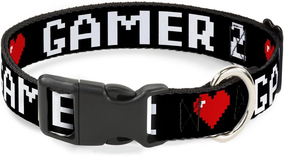 Buckle-Down Plastic Clip Collar - GAMER 2/Heart 8-Bit Black/White/Red - 1 Wide - Fits 15-26 Neck - Large