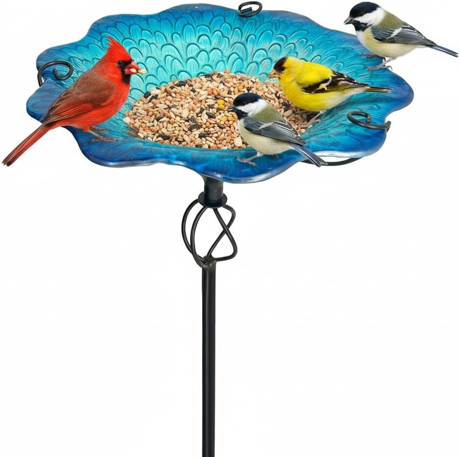 HONGLAND Bird Baths for Outside,11" Small Blue Glass Birdbaths Outdoor,Detachable Bird Feeder with Metal Stake for Garden Yard Patio Decor,30" Height