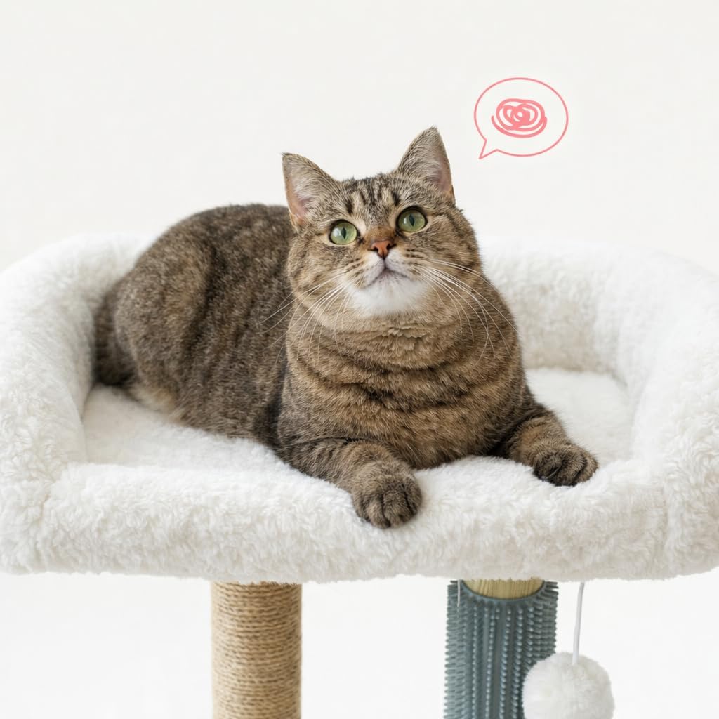 4-in-1 Small Cat Tower with Bed for Kittens, Cat Tree with Cat Self Groomer Brush, Track Balls, Natural Sisal Cat Tower with Interactive Toy, Scratching Post for Indoor Cats