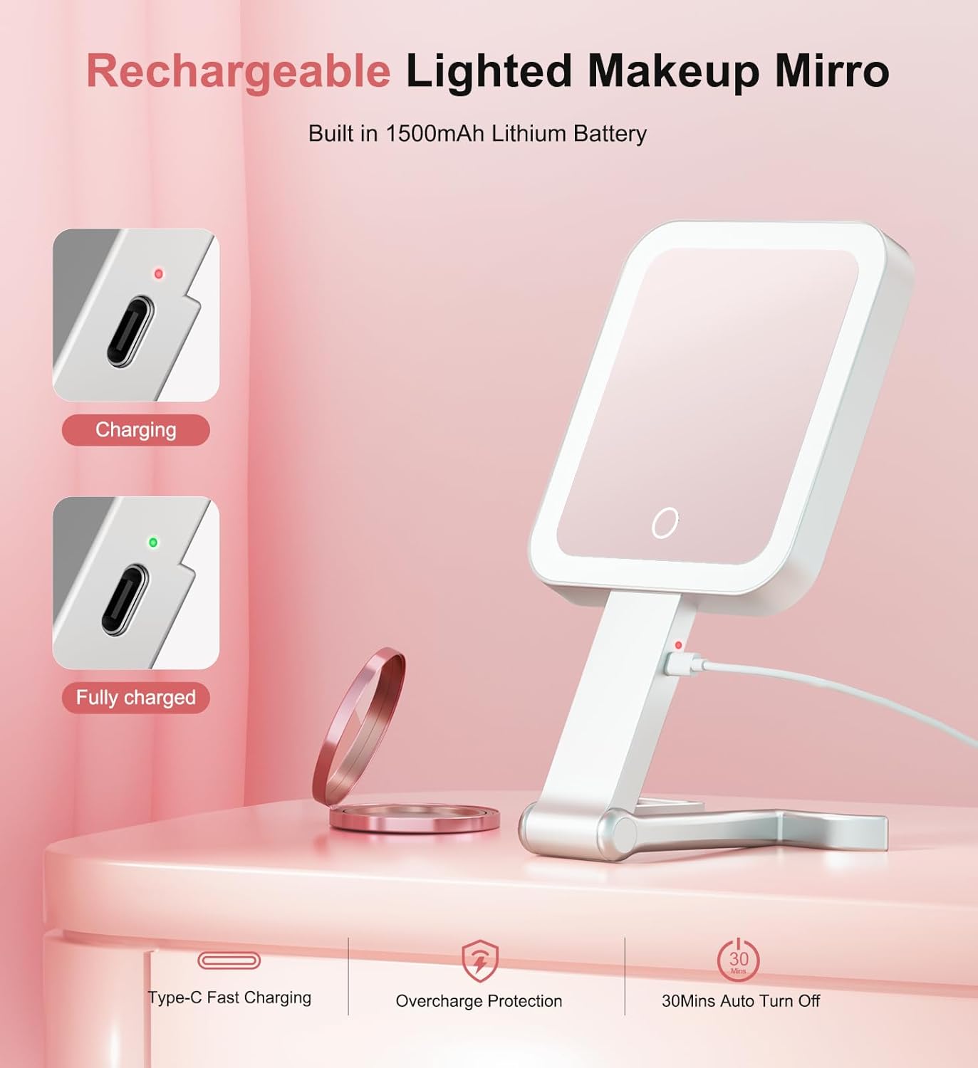 Travel Makeup Mirror with Lights 10X/1X Double-Sided Magnifying LED Beauty Mirror Rechargeable Portable Vanity Mirror with 3 Color Lighting Smart Touch Dimming Desktop Handheld Hanging Silver