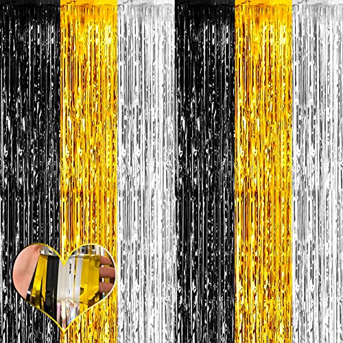 Image of 4 Pack 3.2Ft x 9.8Ft Black Gold Silver Fringe Curtain Backdrop, Metallic Tinsel Foil Fringe Streamers Curtains Background for Wedding Notorious One Birthday Roaring 20s Graduation Party Decoration