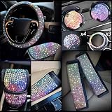 15 Pcs Bling Car Accessories Set, Include Rhinestone Steering Wheel Cover Center Console Cover Crystal Handbrake Cover Glitter Car Gear Cover 3 Car Sticker Ring Emblem 4 Bling Valve Stem Cap 2 Holder