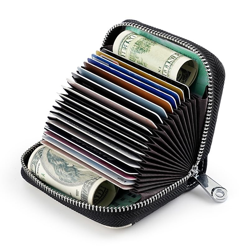 Image of Linno RFID 20 Slots Credit Card Holder Genuine Leather Small Wallet for Women or Men with Zipper, New Black, 4.1 x 3.3 x 1.18 inches, Fashion Accordion Card Case