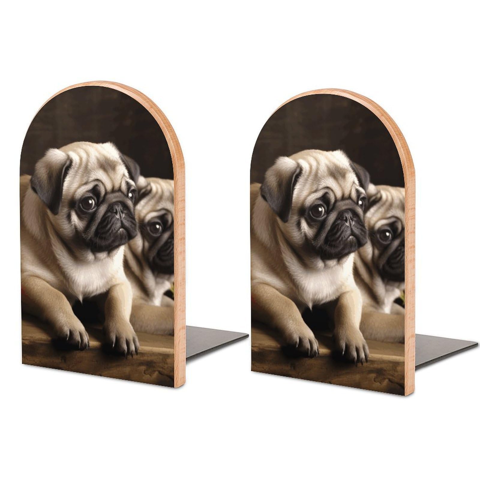 Beech Wood Book Ends Puppys Pug Printed Bookend for Shelves Home Decorative Bookends for Heavy Books for Office Bookshelves