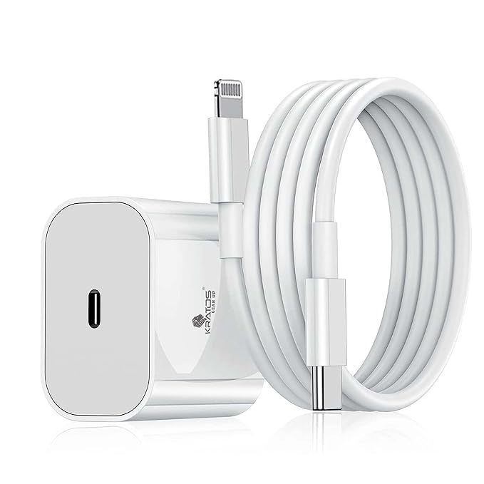 Kratos 20W Original Charger with Lightning Cable Compatible with iPhone 14/13 / 12/11 / 10/9 / 8/7 / X/Xr Series, Cable Length 1.2 Mtr, White