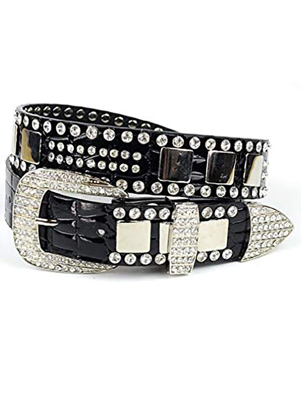 NYFASHION101 Women's Faux Patent Leather Crocodile Design Belt w/Rhinestones DM300, Black, XL