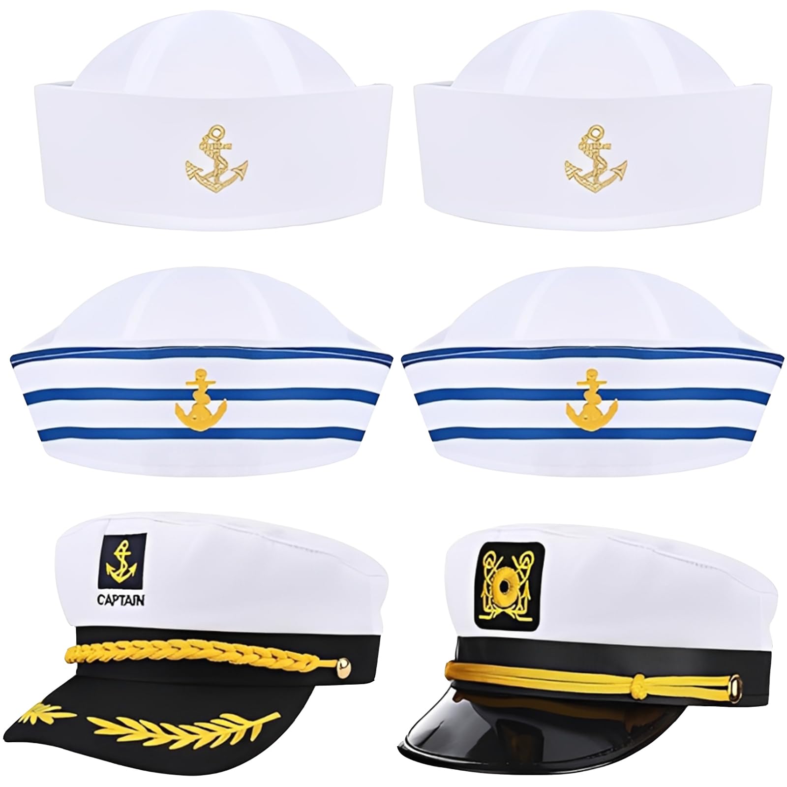 6 Pcs Sailor Hats and Captain Hats for Adults, 6-Piece Set with Embroidered Design, Two White Police-Style Hats, One Embroidered Logo Hat, Sizes M (56-58cm) for Various Occasions and Nautical Events