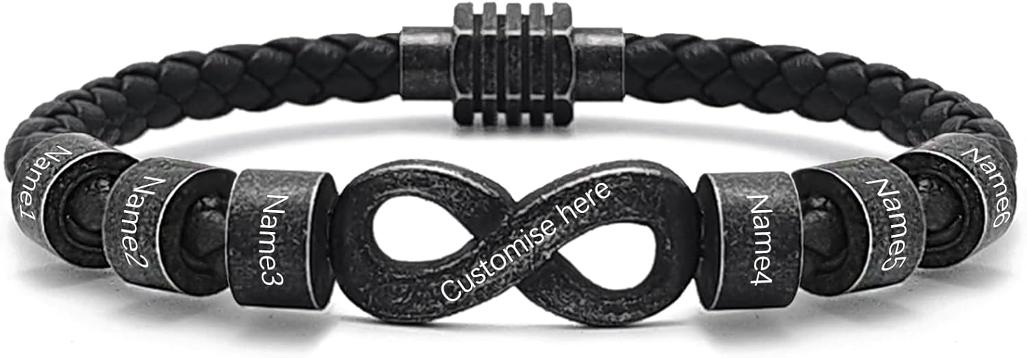 Personalized Infinity Leather Braided Bracelet for Men, Custom 2-6 Name, Engraved Mens Bracelet