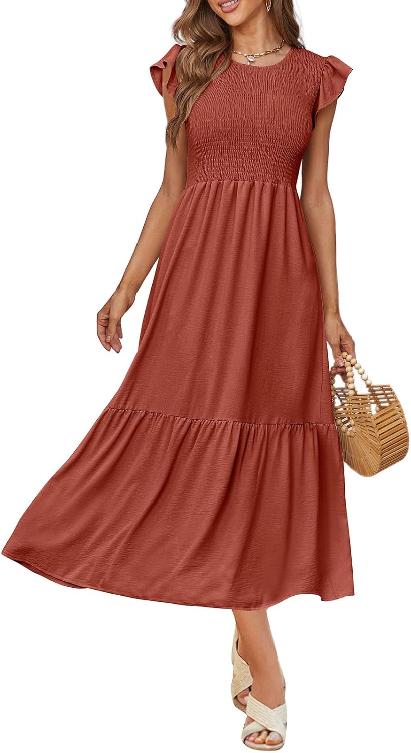 OFEEFAN Women's Casual Maxi Dresses with Pockets Ruffle Sleeve Smocked Dress XS-2XL - Image 3