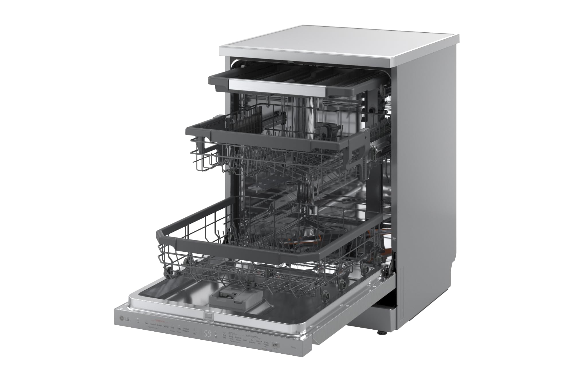 LG DF375HVS Lavastoviglie Libera Installazione Classe A, 14 Coperti, Lavaggio a Vapore TrueSteam, LED Esterno, Sistema QuadWash con 4 Bracci Irroratori, Serie 5, Auto-Apertura, 43dB, Wi-Fi, Grigia