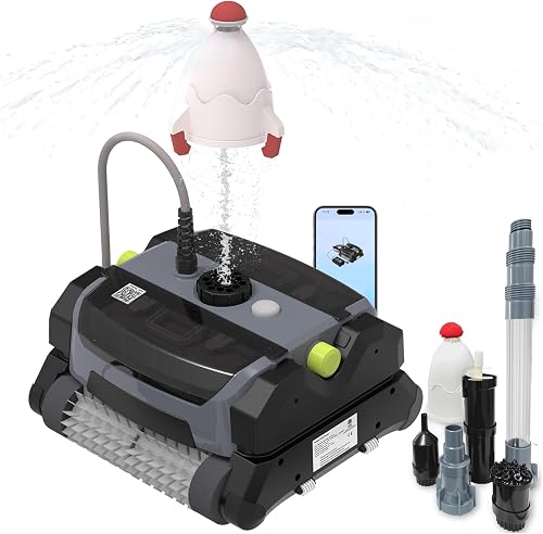 Robotic Pool Vacuum Cleaner, Wall-Climbing, 56ft Cord, Grey | 360° Kink-Free patented tech, 150W strong suction, top large filter, built-in underwater fountain & rocket toy launcher