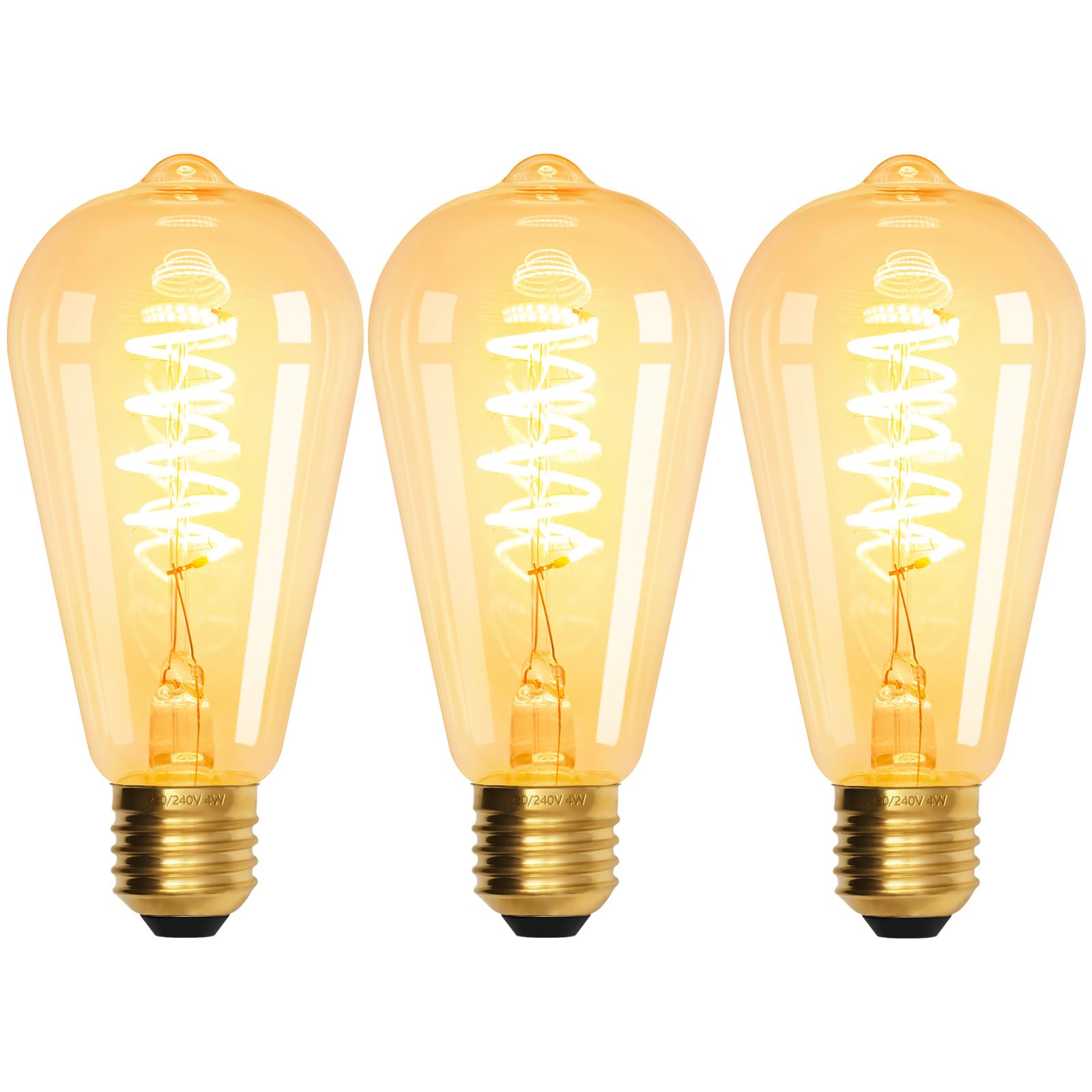 Terafeels 3 Pack E27 Screw Bulbs, ST64, 4W, 220-240V, 2700K Warm White Glow, Clear Glass,Spiral Filament, Dimmable LED Vintage Light Bulb