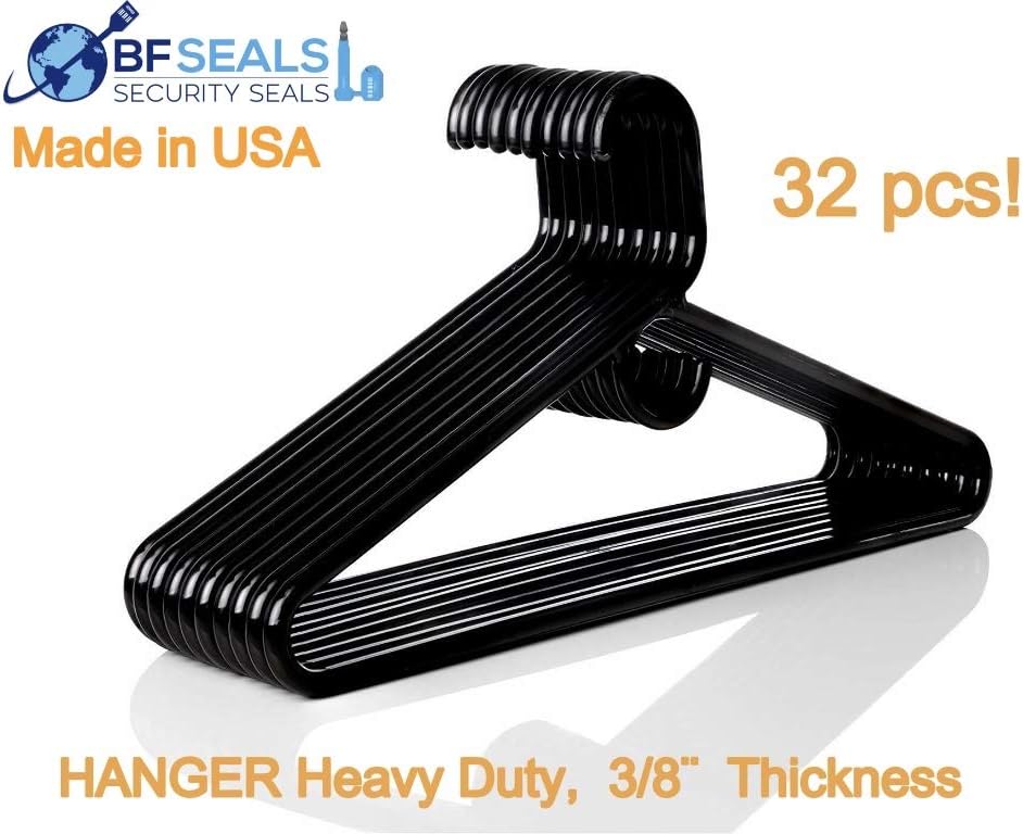 Plastic Hangers HD Heavy Duty, 32 Pcs. Black Color, Made in USA, 3/8” Thickness, Durable, Tubular, for Clothes, Coat, Pants, Shirts, Dress and More, TINEFF, Free and Quick delivery from USA