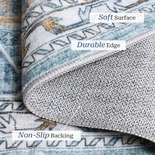 Madane Hallway Runner Rug 2x12, Extra Long Washable Runner Rugs with Rubber Backing, Non Slip Carpet Runner for Hallway, Vintage Rug Runners for Kitchen Laundry Room Entryway (Blue/Gold, 2'x12')