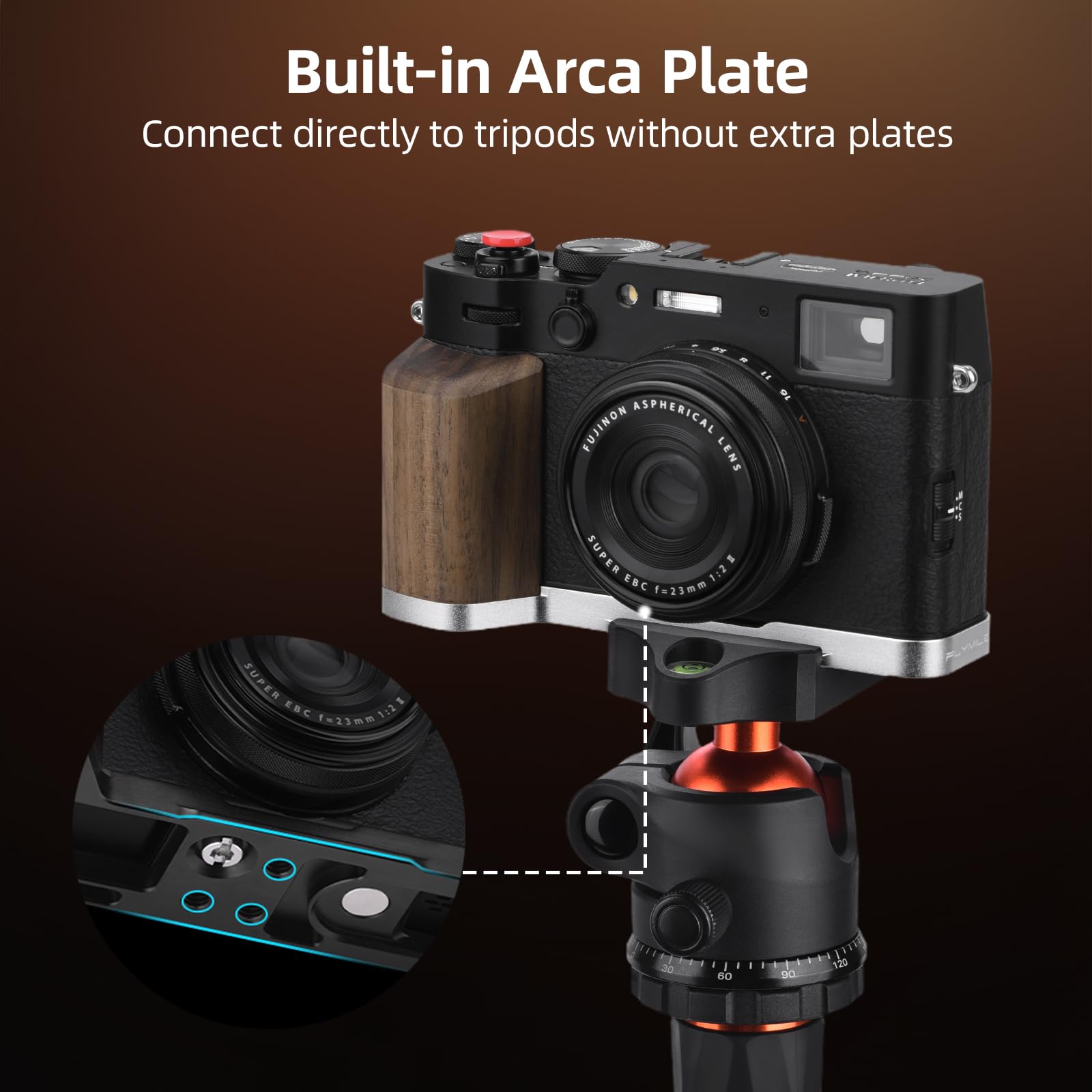 BRDRC Impugnatura per FujiFilm X100VI/X100V, supporto a forma di L con adattatore a vite da 1/4 e piastra a sgancio rapido Arca e pulsante di scatto per accessori fotocamera Fuji X100VI/X100V (argento