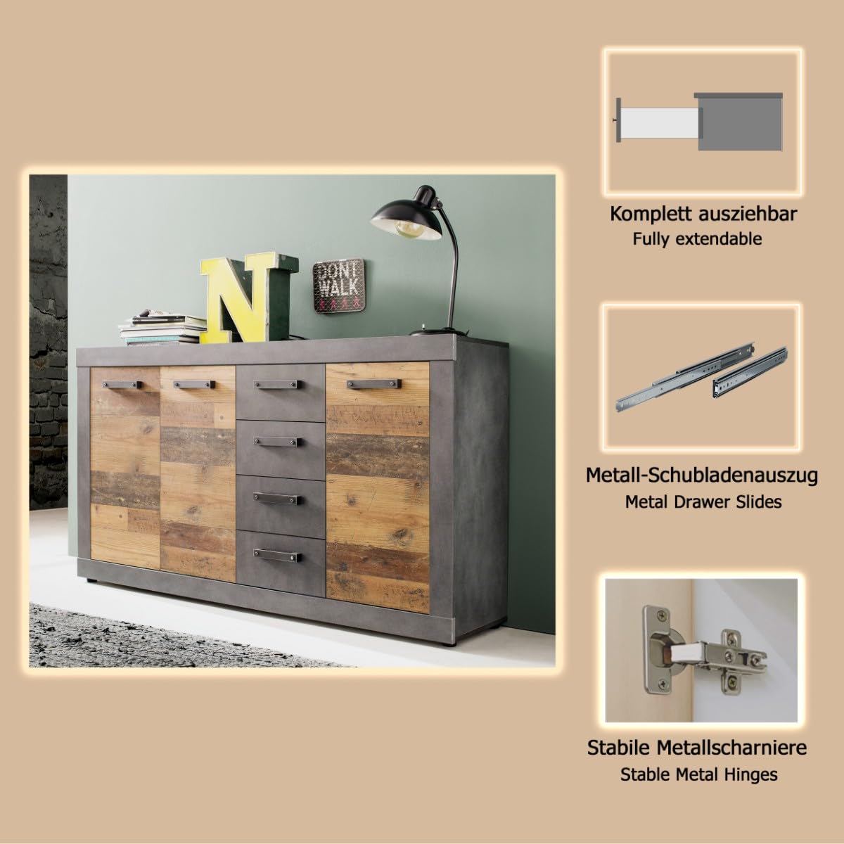 trendteam smart living - Indy - Kommode - Graphit Grau/Alteiche - 4 Schubladen, 4 Fächer - (BxHxT) 151 x 86 x 37 cm - Sideboard in rustikaler Optik