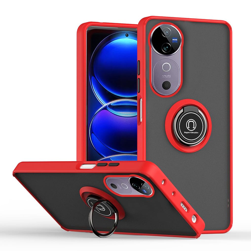 SEAHAI Case for Vivo V40 5G / Vivo V40 Pro 5G, Ultra Thin Hard Translucent PC Matte Back Soft TPU Silicone Dual Layer Hybrid Shockproof Cover, with Ring Holder Kickstand, Red