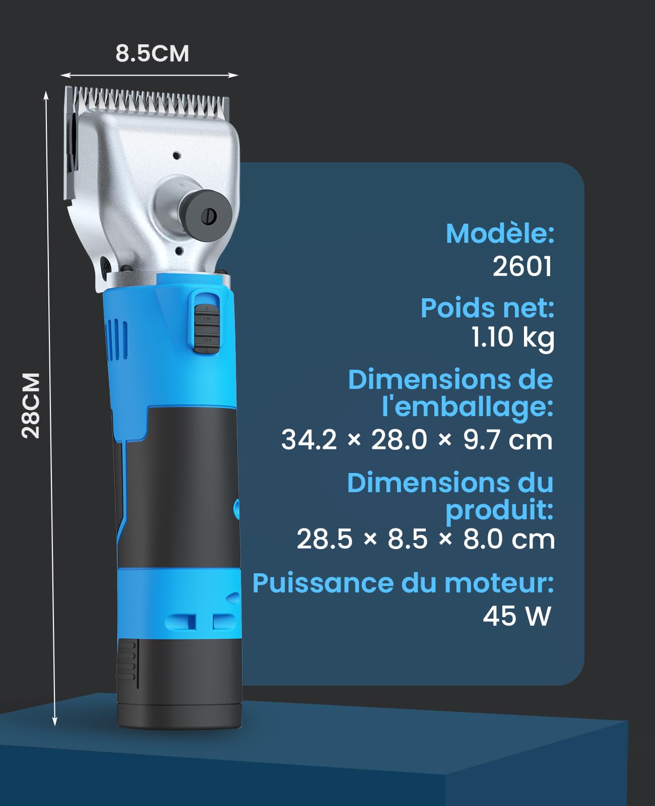 oneisall tondeuse cheval 2 batteries, tondeuse professionnelle pour cheveux épais et emmêlés, sans fil pour chevaux avec moteur puissant de 2400 PRM/MIN, pour tous les poils du corps (Bleu)