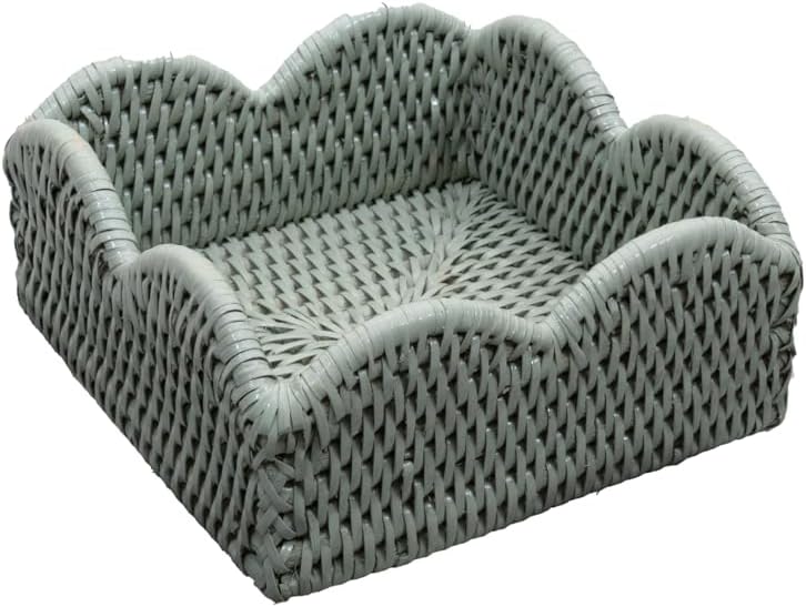 Caspari Rattan Scalloped Cocktail Napkin Holder – Green, Handwoven, Durable 6"W x 6"L x 2.5"H – Holds Paper & Paper Linen Napkins, 1 Count