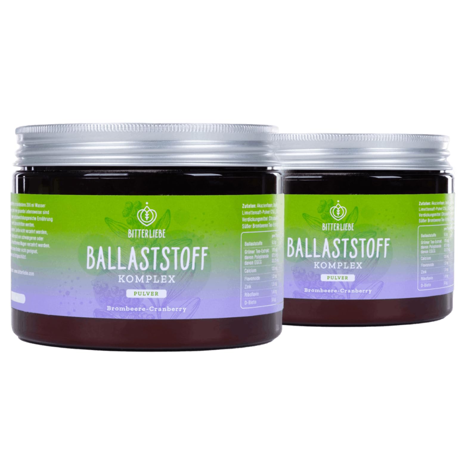 BitterLiebe Ballaststoff Pulver mit Brombeere Geschmack - Mix aus Flohsamenschalen gemahlen, Inulin (Präbiotika), Apfelfaser und Akazienfaser - Multi Ballaststoff Komplex, perfekte Darmkur - 2x300g
