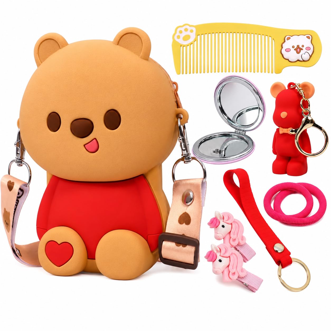Cute Bear Cartoon Sling Bag for Kids, Mini Crossbody Bag for Girls with Adjustable Shoulder Strap, Mirror, Comb, Keychain & Hair Accessories, Lightweight Travel Pouch for Daily Use, Brown-image-24