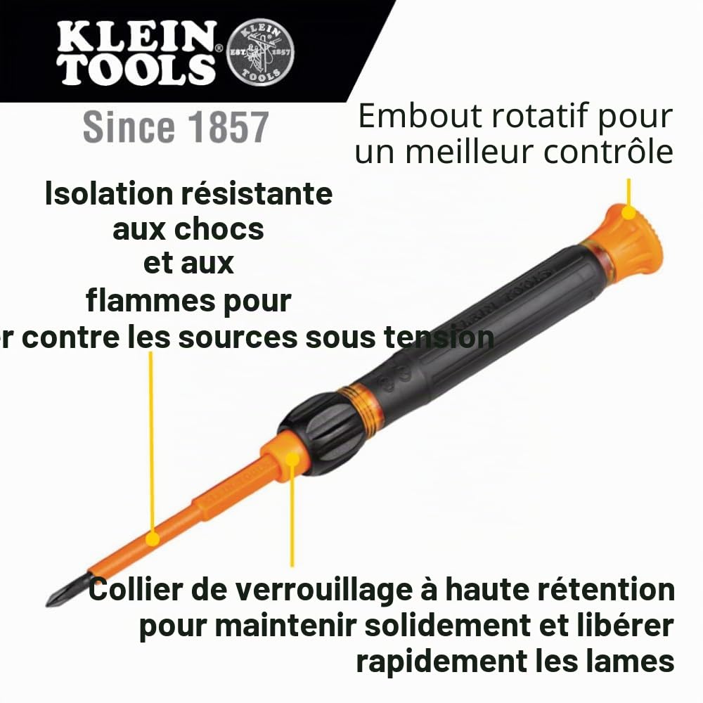 Klein Tools 32584INSR | Jeu tournevis de précision isolés 8-en-1 avec étui | Isolation 1000 V | Embouts interchangeables | Poignée Cushion-Grip | Couteaux usinés