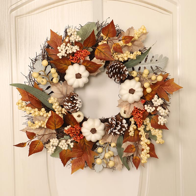 Couronne D’automne 61 Cm Pour Porte D’entrée – Décoration Extérieure Avec Citrouilles, Baies Et Feuilles D’érable – Pour Thanksgiving Et Halloween