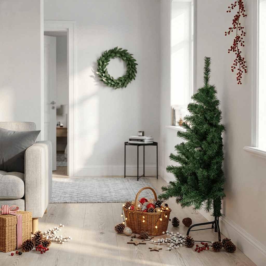Albero Di Natale Artificiale Metà 120 Cm Verde Con Supporto | PVC Resistente, Facile Da Montare, Adatto Per Decorazioni Natalizie, Compatto