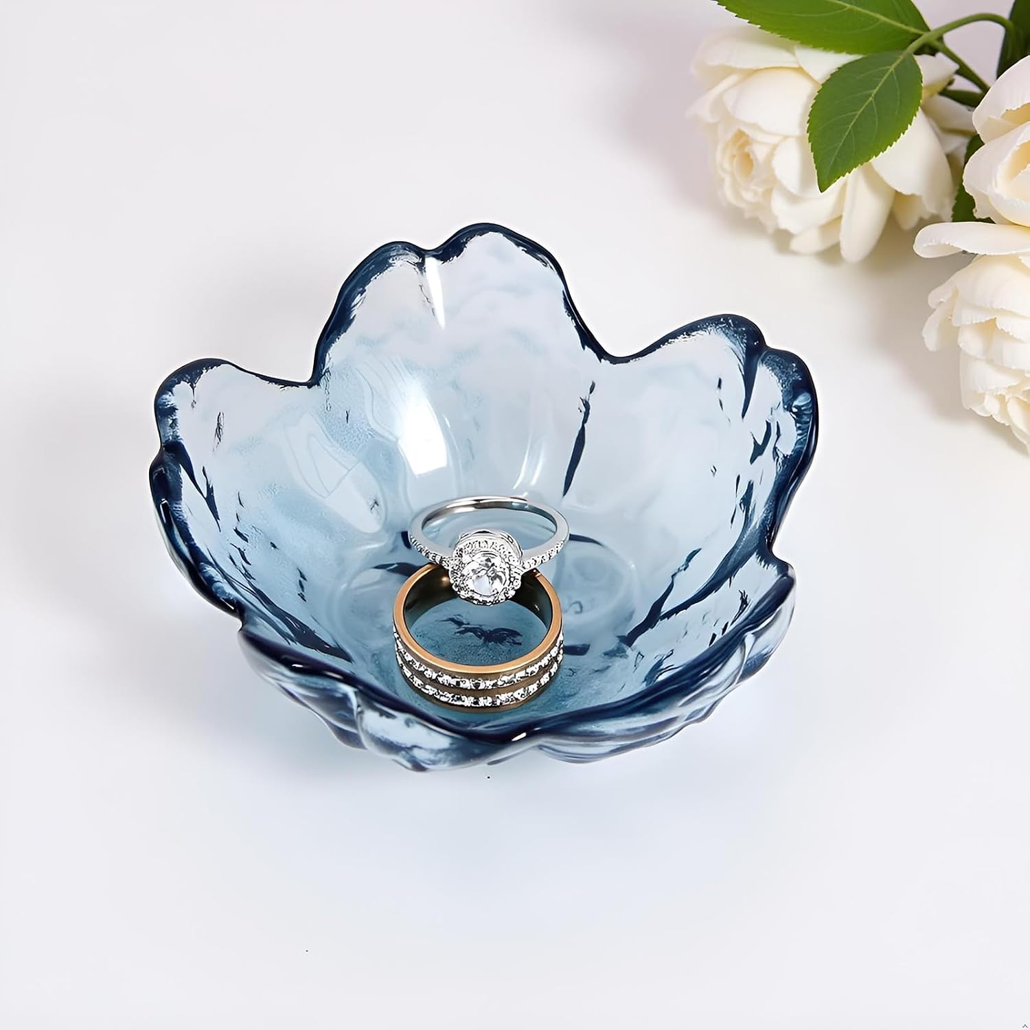 Crystal Blue Flower Ring Dish Jewelry Tray, Decorative Glass Trinket Dish, Modern Accent Tray for Vanity