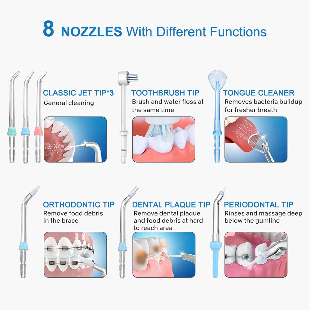 TUREWELL Idropulsore Dentale con 8 Ugelli Multifunzione, 10 valori nominali di pressione dell'acqua regolabili, pulsazioni ad alta frequenza con capacità di 600 ml (Bianco)