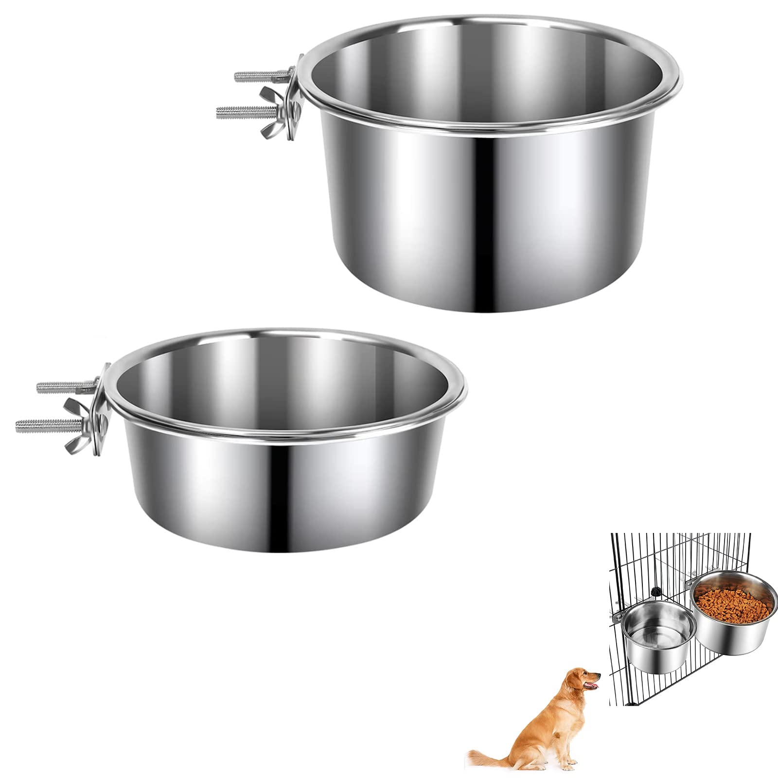2 Pack Silver Stainless Steel Pet Bowls Anti-Spill Metal Feeder Food and Water Feeding Bowl, Hanging Cage Pet Crate Bowl for Puppy Kennel Medium Large