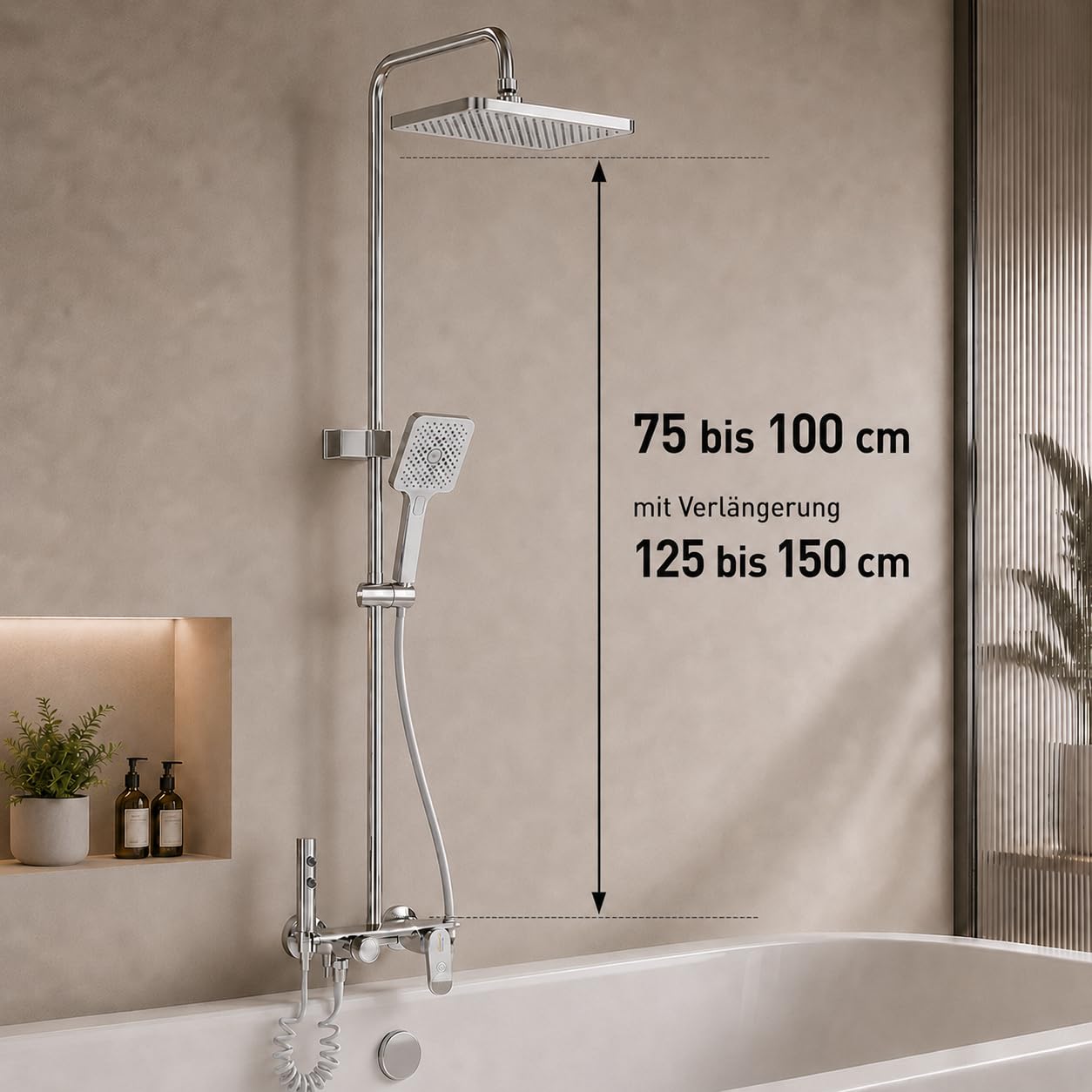 AquaNoble Aufputz Duschsystem mit Thermostat & Ablage – Duscharmatur Komplettset mit Regendusche, 3-Funktionen Handbrause, Wanneneinlauf/Wasserfall & Reinigungspistole, EasyClean Anti-Kalk, chrom