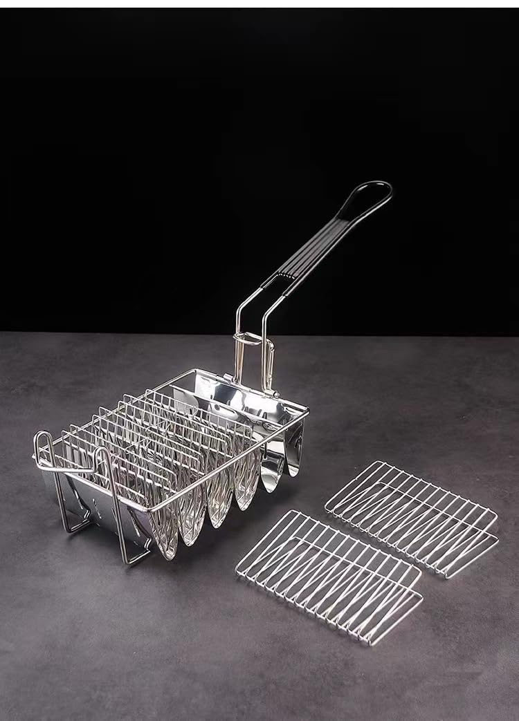 Cesta para freidora de 8 conchas con mango desmontable, acero inoxidable de grado comercial, cesta para freír tacos cada vez, 8 conchas de tacos crujientes