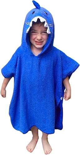 Poncho de toalla con capucha prémium para niños y niños pequeños, 100% algodón (tiburón azul)