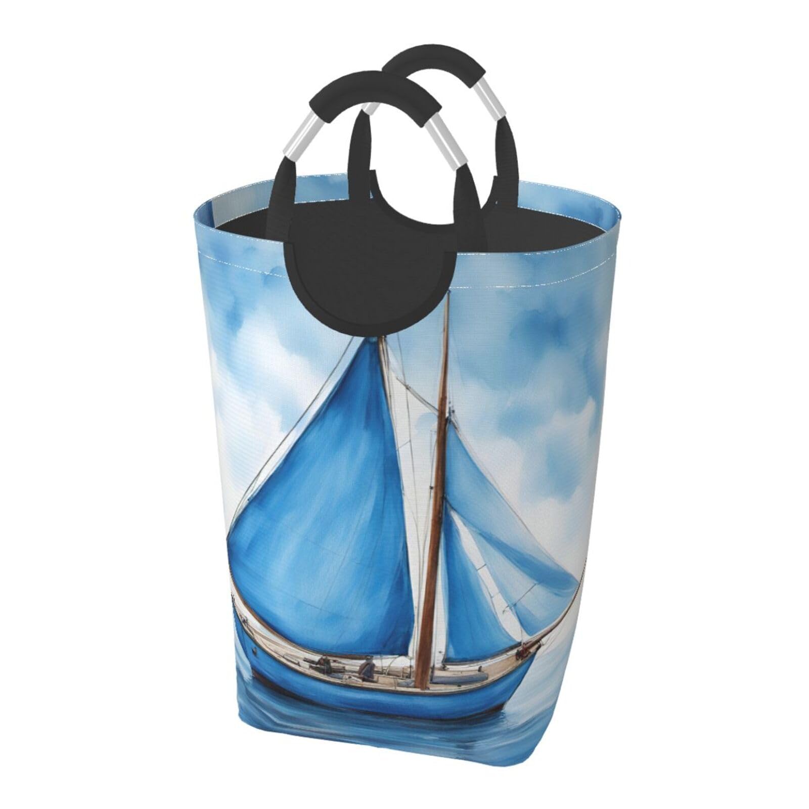 Blue Sailboat Print Laundry Hamper Collapsible Baskets With Handle Dirty Clothes Hamper Bag For Dorm Family Bathroom Decor Storage ﻿