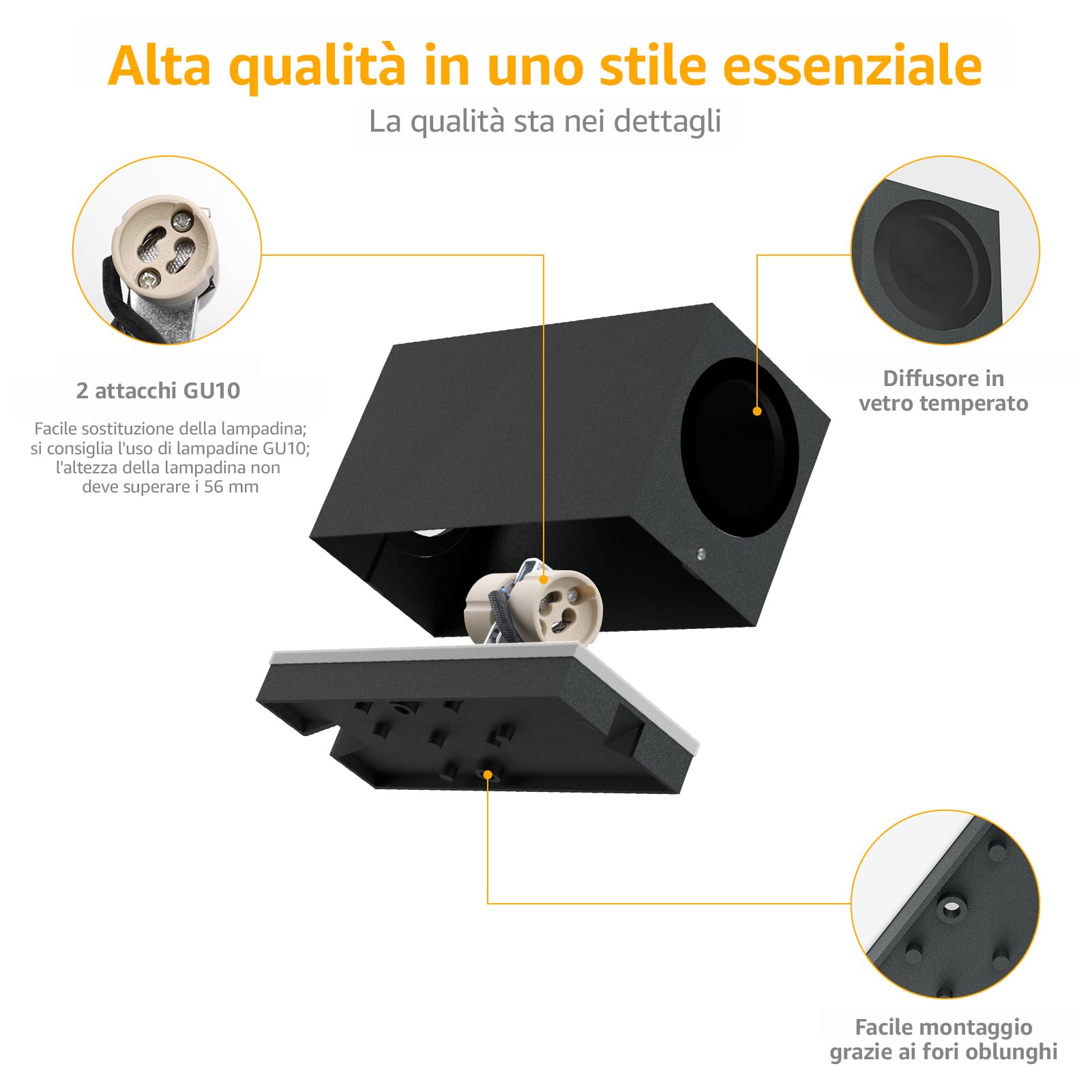 Klighten 4 Pezzi Nero Applique esterno GU10 IP65, Lampadina non Inclusa | Up Down Applique sostituibile con attacco GU10, Lampade da interno in Alluminio, Lampada da Parete per terrazzo esterno