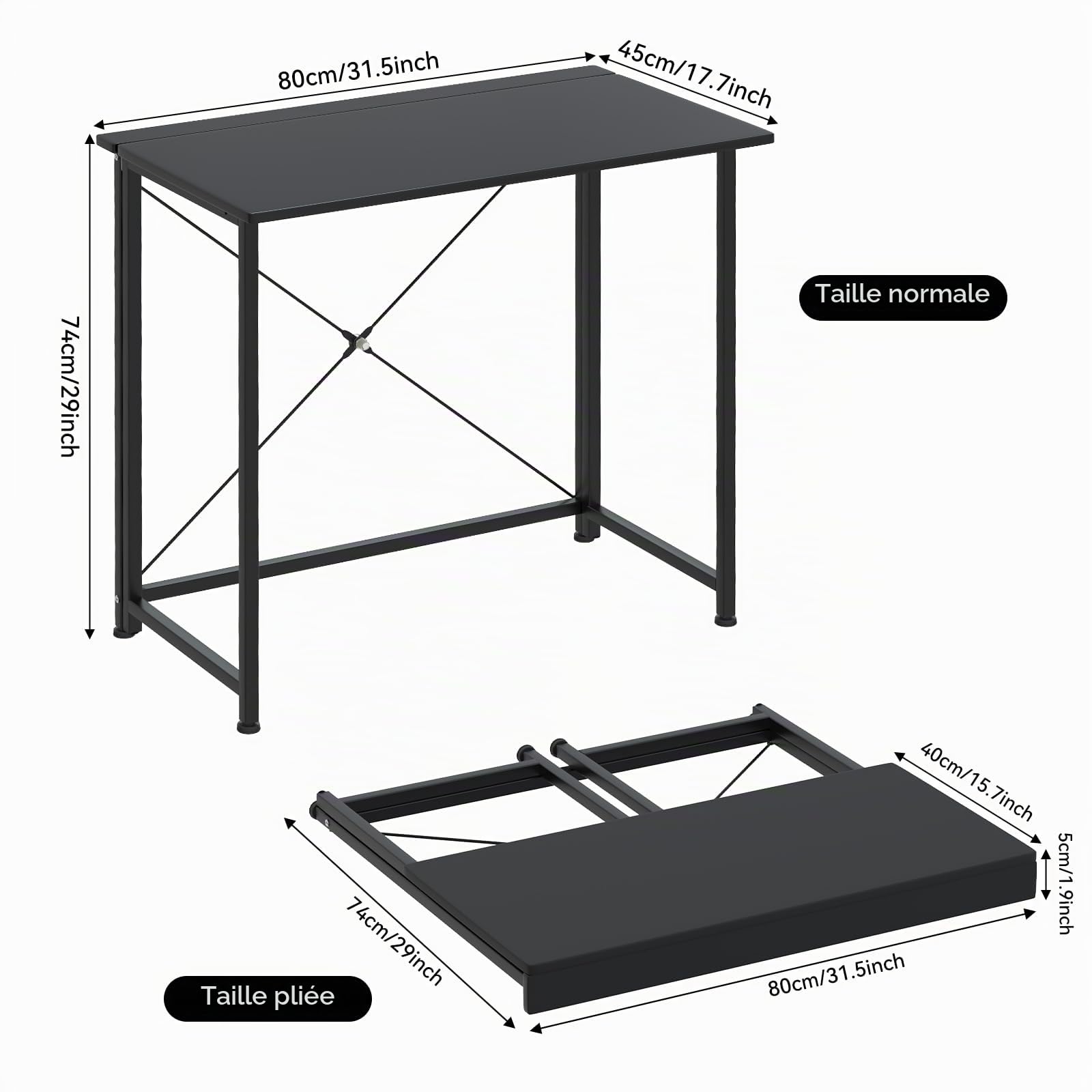PIPIPOXER Table de Bureau Pliante 80x45x75cm, Bureau d'Ordinateur, Petit Table d'Ordinateur Bureau Pliable, Cadre en Métal, Bureau Pliant pour Étudier, Travailler, Chambre, Imperméable, Noir
