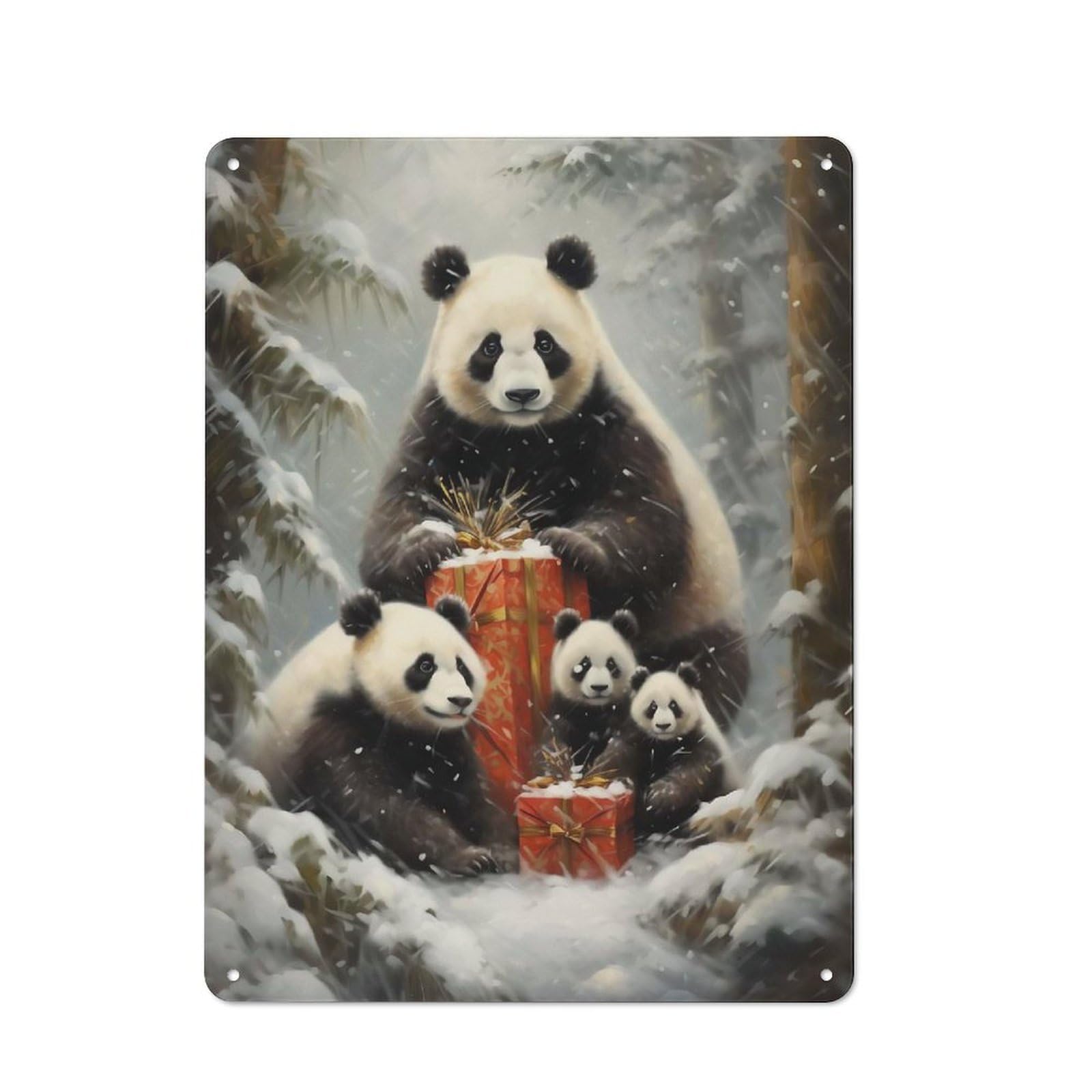 Retro Metal Plaque 40x30cm Featuring Panda Bear Family Xmas, Bistro Wall Plaque for Bakery, Diner, Cafe Or Family Room