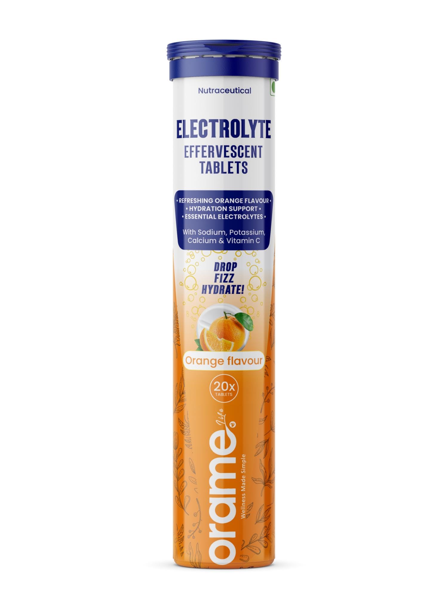 orame electrolyte effervescent tablets for hydration support with sodium, potassium & calcium, vitamin c, orange flavour, refreshing electrolyte drink for daily hydration | 20 tabs | pack of 1