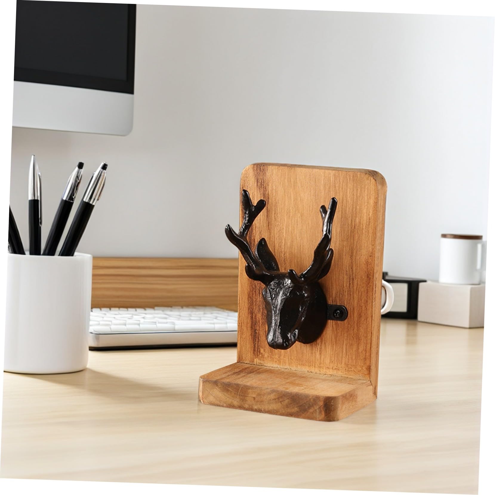 Fermalibri in Legno con Testa di Cervo Stile Scandinavo Supporto Stabile Antiscivolo per Mensole e Scrivania Organizer Decorativo per Libri e Documenti Elegante Accessorio per