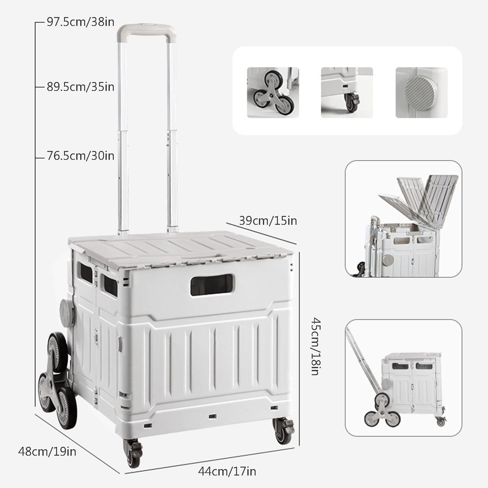 Carrito de compras plegable para escalera, carrito de comestibles con tapa, capacidad de 50 kg, portátil, ligero, de aluminio y plástico, mango telescópico, color gris