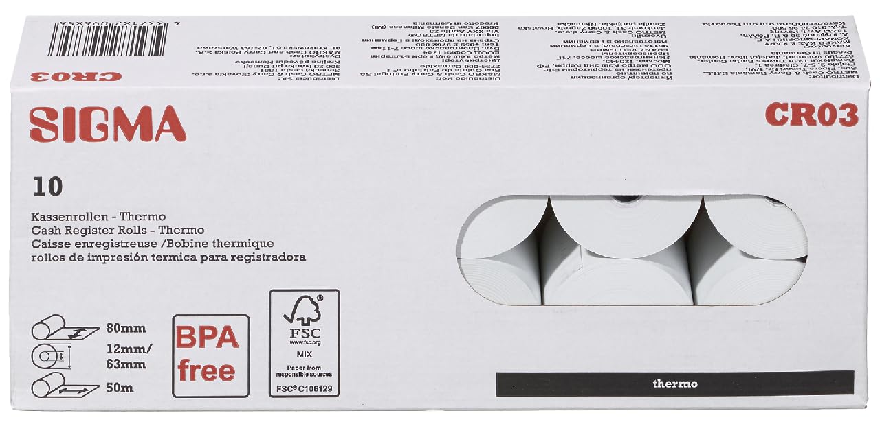 Sigma CR03 Kassenrollen Thermo BPA frei, 80 mm x 50 m, 55 g/m², 10 rollen